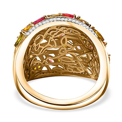 GP Italian Garden Collection Multi-Tourmaline and White Zircon 3.90 ctw Tree of Life Ring in 18K Vermeil Yellow Gold Over Sterling Silver (Size 10.0)