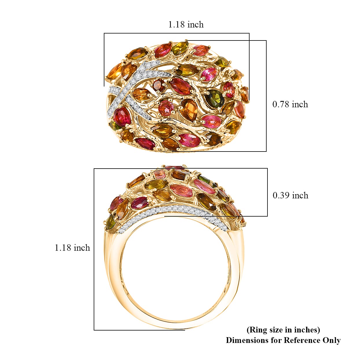 GP Italian Garden Collection Multi-Tourmaline and White Zircon 3.90 ctw Tree of Life Ring in 18K Vermeil Yellow Gold Over Sterling Silver (Size 10.0) image number 6