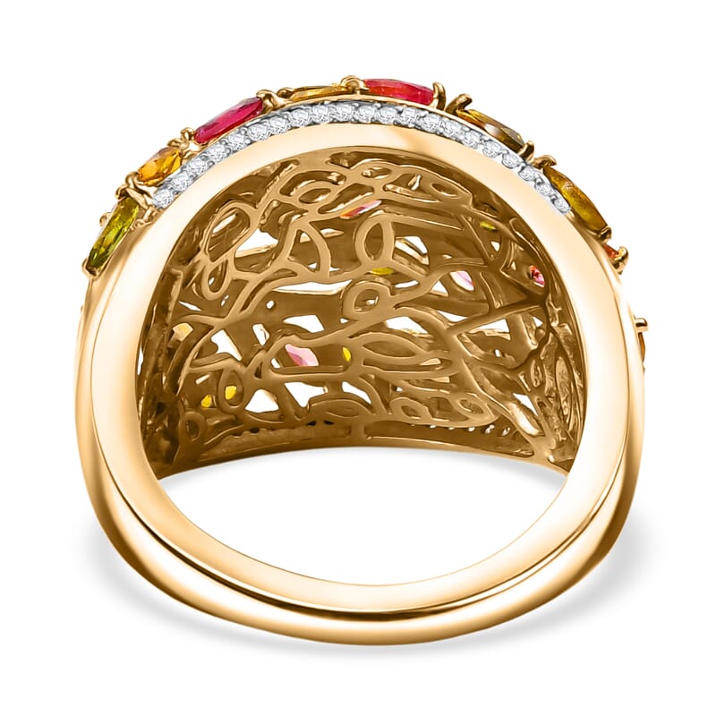 GP Italian Garden Collection Multi-Tourmaline and White Zircon 3.90 ctw Tree of Life Ring in 18K Vermeil Yellow Gold Over Sterling Silver (Size 7.0)