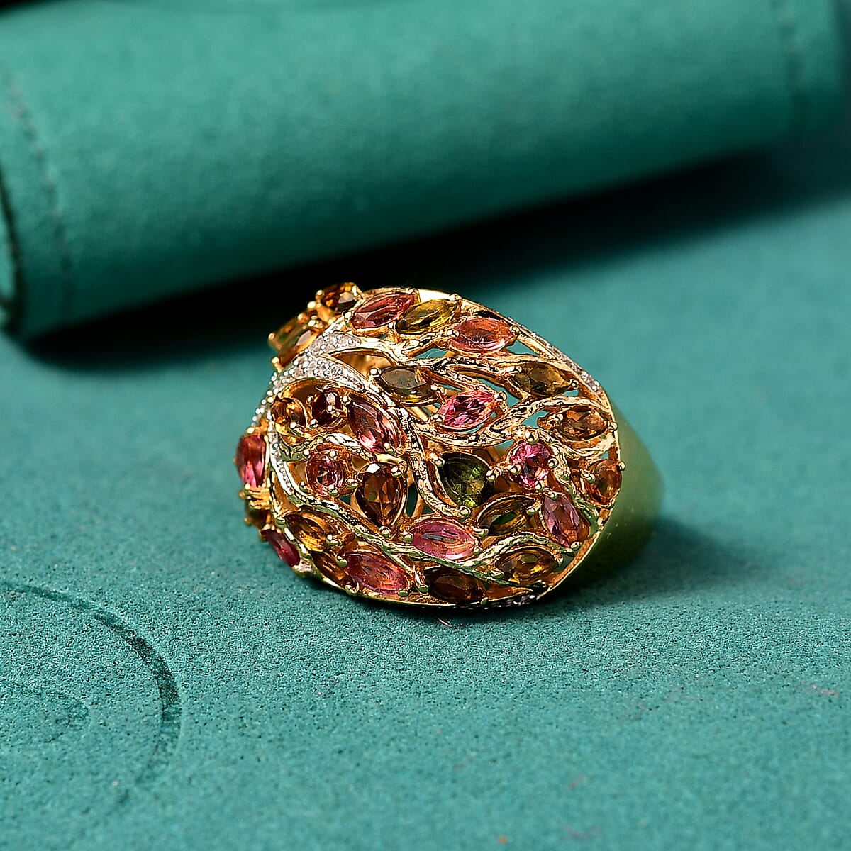 GP Italian Garden Collection Multi-Tourmaline and White Zircon 3.90 ctw Tree of Life Ring in 18K Vermeil Yellow Gold Over Sterling Silver (Size 9.0) image number 1