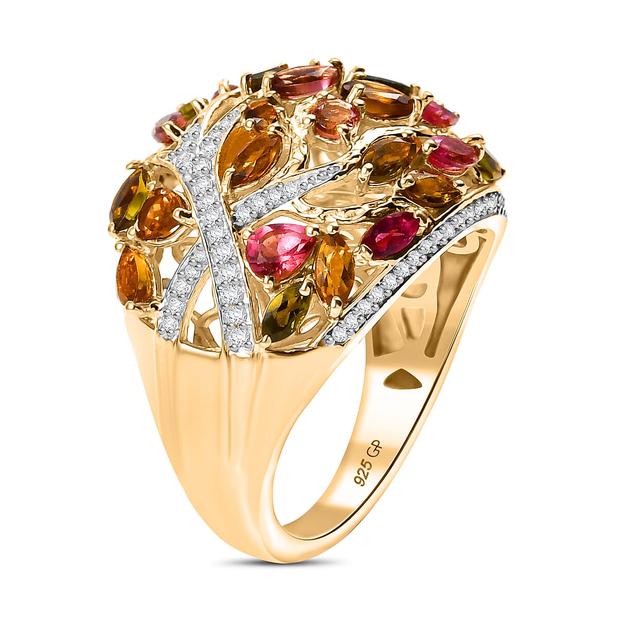 GP Italian Garden Collection Multi-Tourmaline and White Zircon 3.90 ctw Tree of Life Ring in 18K Vermeil Yellow Gold Over Sterling Silver (Size 9.0) image number 4