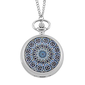 Strada Japanese Movement Black and Blue Flower Pattern Rotating Pocket Watch with Chain (36 Inches) in Silvertone