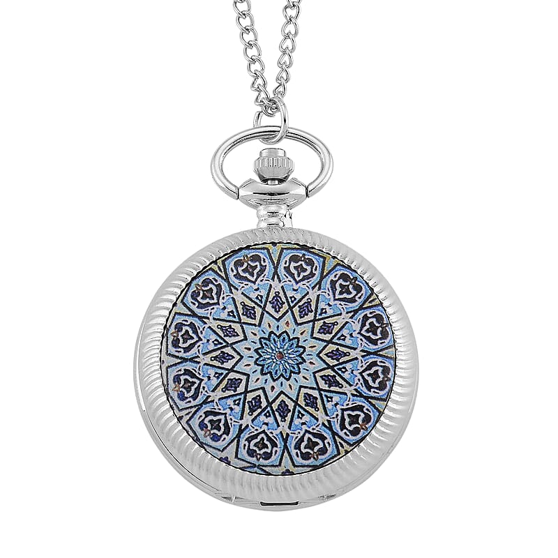 Strada Japanese Movement Black and Blue Flower Pattern Rotating Pocket Watch with Chain (36 Inches) in Silvertone