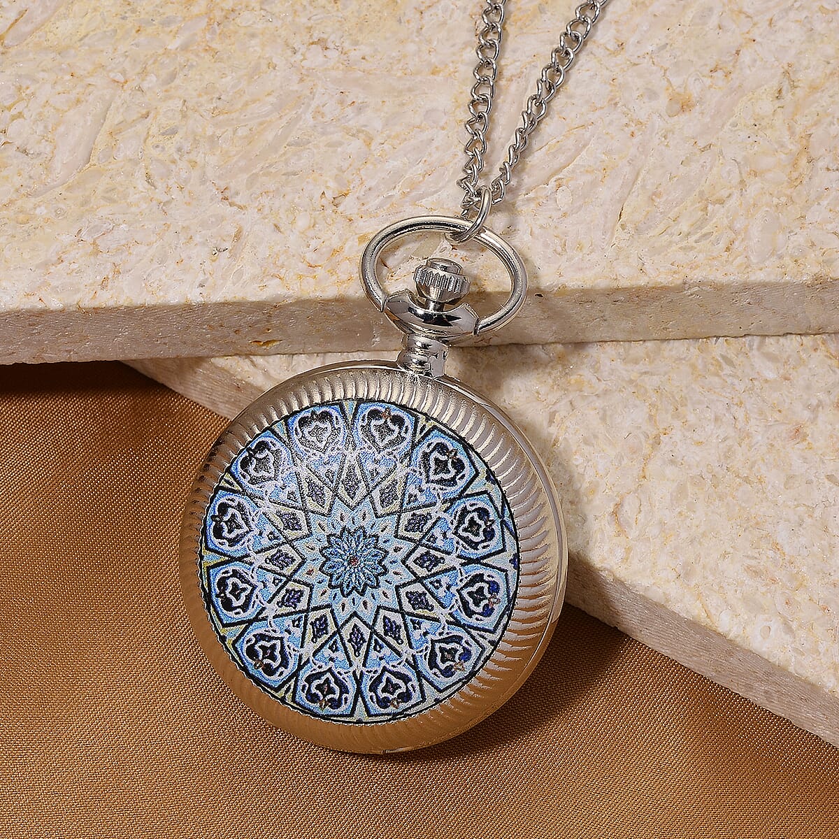 Strada Japanese Movement Black and Blue Flower Pattern Rotating Pocket Watch with Chain (36 Inches) in Silvertone image number 1