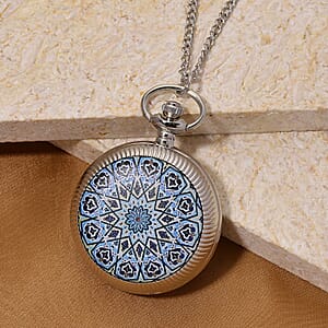 Strada Japanese Movement Black and Blue Flower Pattern Rotating Pocket Watch with Chain (36 Inches) in Silvertone