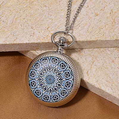 Strada Japanese Movement Black and Blue Flower Pattern Rotating Pocket Watch with Chain (36 Inches) in Silvertone