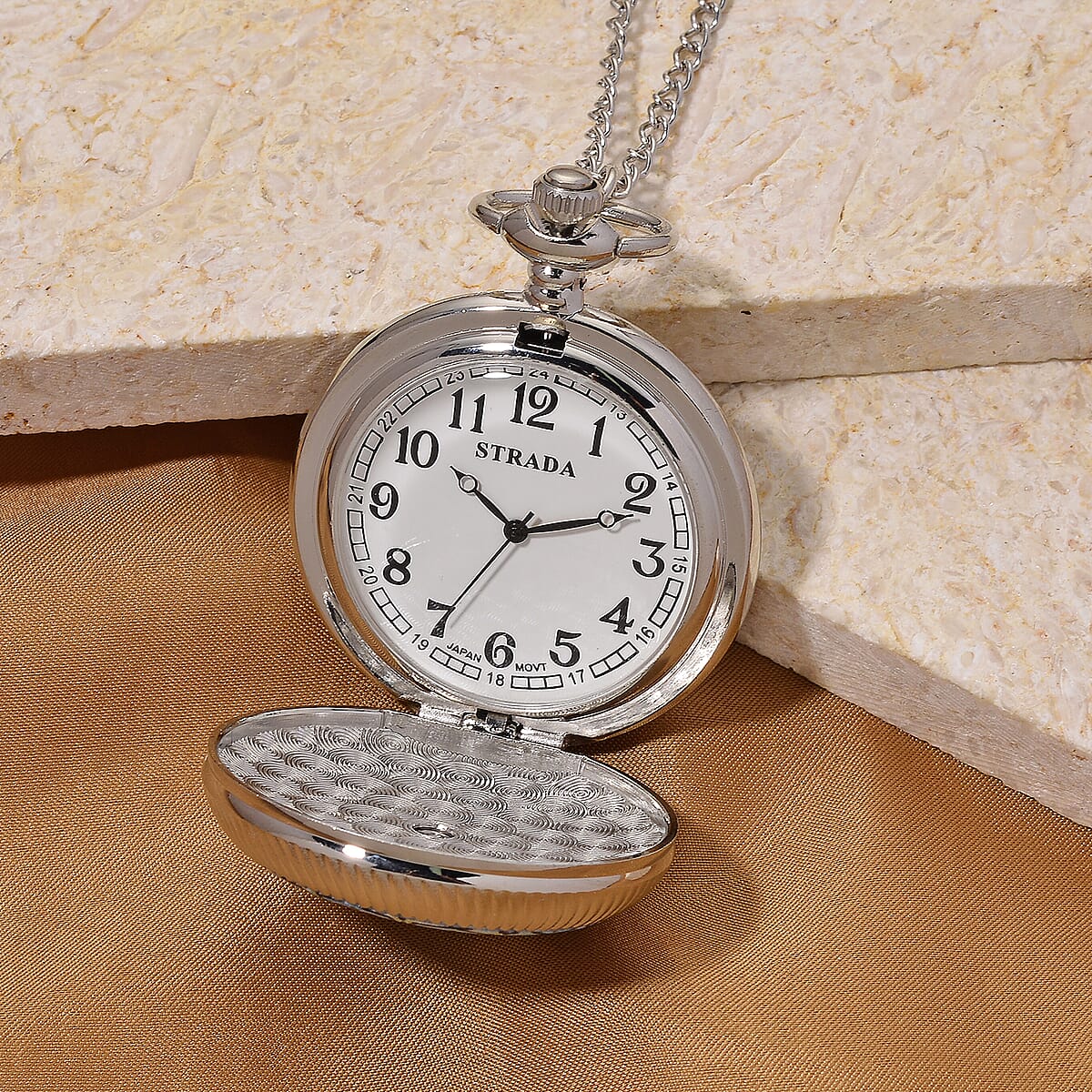 Strada Japanese Movement Black and Blue Flower Pattern Rotating Pocket Watch with Chain (36 Inches) in Silvertone image number 2