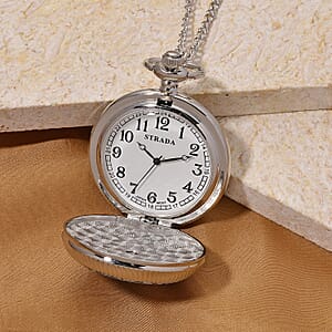 Strada Japanese Movement Black and Blue Flower Pattern Rotating Pocket Watch with Chain (36 Inches) in Silvertone