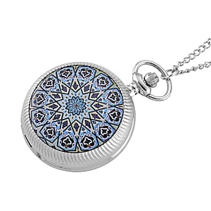 Strada Japanese Movement Black and Blue Flower Pattern Rotating Pocket Watch with Chain (36 Inches) in Silvertone