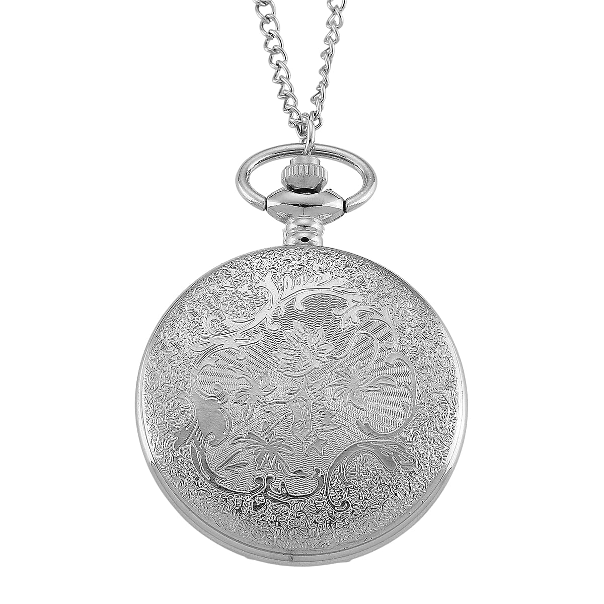 Strada Japanese Movement Black and Blue Flower Pattern Rotating Pocket Watch with Chain (36 Inches) in Silvertone image number 4