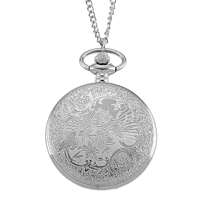 Strada Japanese Movement Black and Blue Flower Pattern Rotating Pocket Watch with Chain (36 Inches) in Silvertone