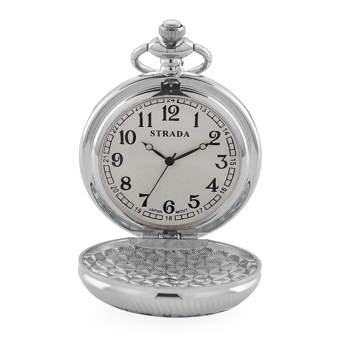 Strada Japanese Movement Black and Blue Flower Pattern Rotating Pocket Watch with Chain (36 Inches) in Silvertone image number 5