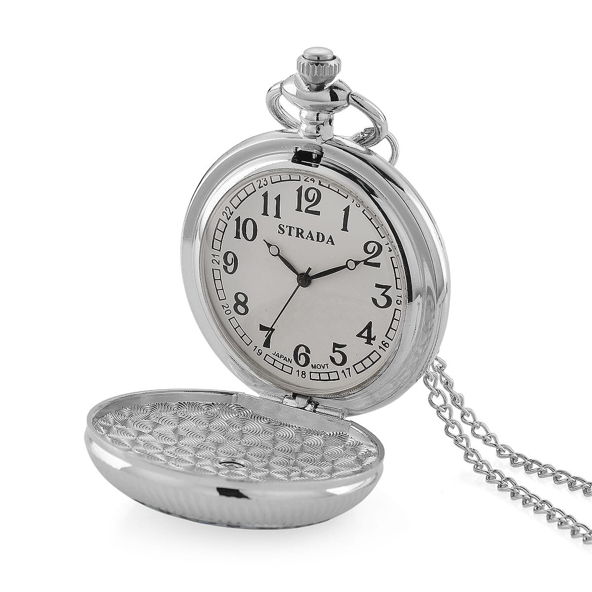 Strada Japanese Movement Black and Blue Flower Pattern Rotating Pocket Watch with Chain (36 Inches) in Silvertone image number 6