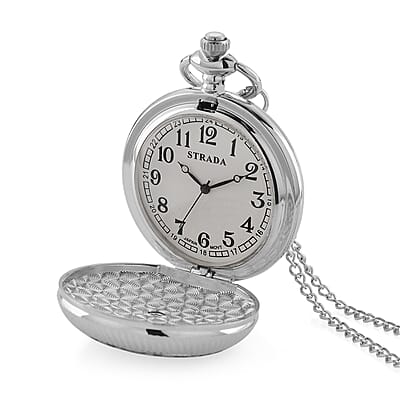 Strada Japanese Movement Black and Blue Flower Pattern Rotating Pocket Watch with Chain (36 Inches) in Silvertone