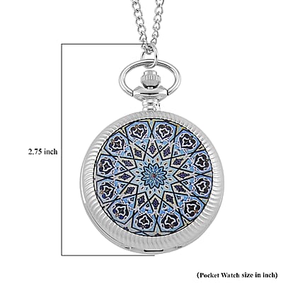 Strada Japanese Movement Black and Blue Flower Pattern Rotating Pocket Watch with Chain (36 Inches) in Silvertone