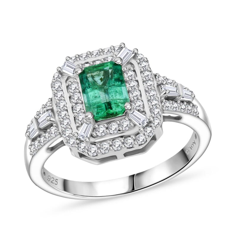 D'Joy Premium Kagem Zambian Emerald and Moissanite 1.70 ctw Imperial Radiance Ring in Rhodium Over Sterling Silver (Size 10.0) 