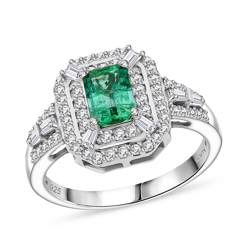 D'Joy Premium Kagem Zambian Emerald and Moissanite 1.70 ctw Imperial Radiance Ring in Rhodium Over Sterling Silver (Size 10.0) 