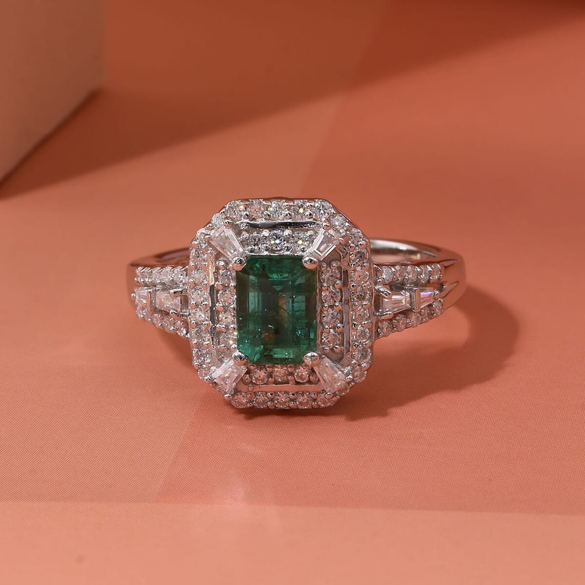 D'Joy Premium Kagem Zambian Emerald and Moissanite 1.70 ctw The Regal Halo Ring in Rhodium Over Sterling Silver (Size 10.0)  image number 1