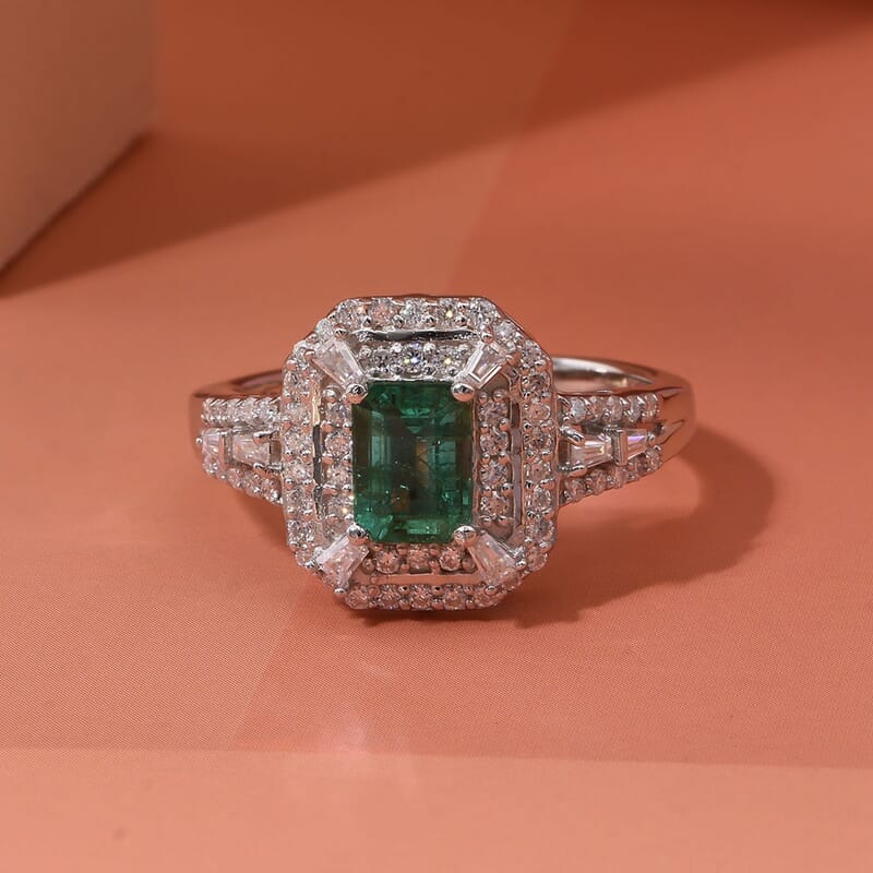 D'Joy Premium Kagem Zambian Emerald and Moissanite 1.70 ctw Imperial Radiance Ring in Rhodium Over Sterling Silver (Size 10.0) 