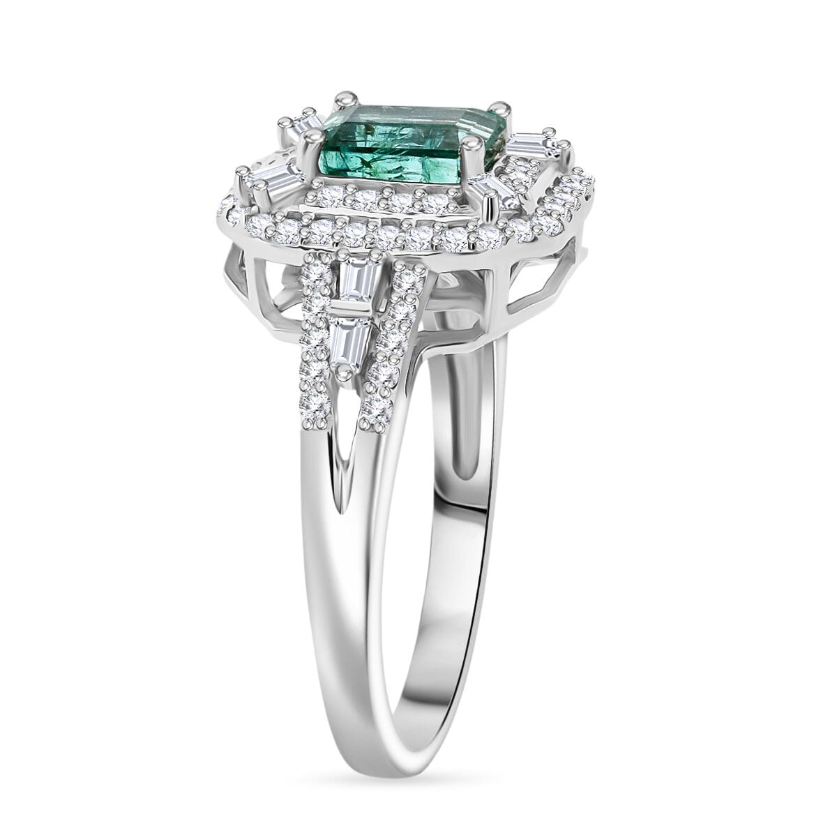 D'Joy Premium Kagem Zambian Emerald and Moissanite 1.70 ctw The Regal Halo Ring in Rhodium Over Sterling Silver (Size 10.0)  image number 3