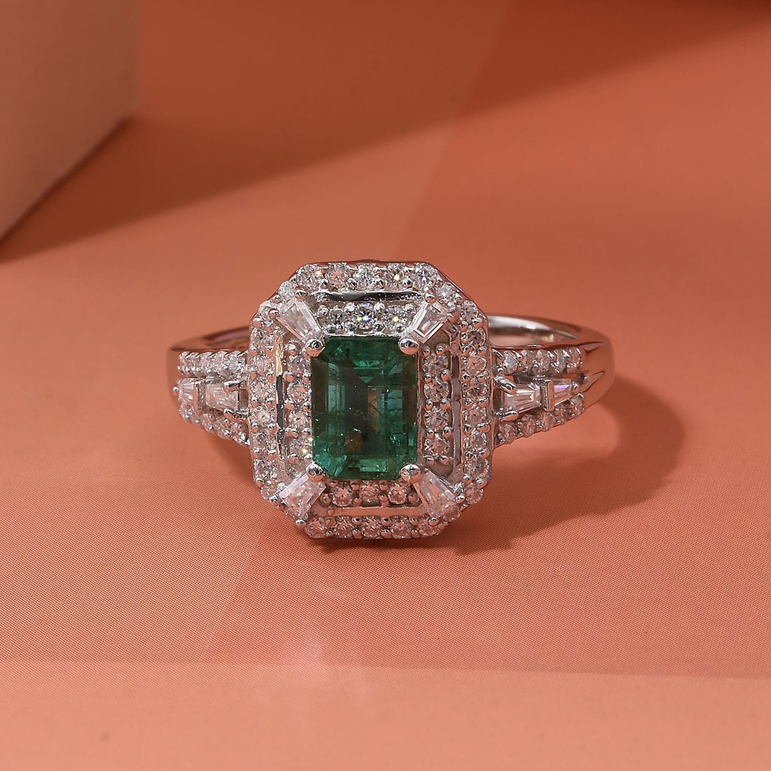 D'Joy Premium Kagem Zambian Emerald and Moissanite 1.70 ctw Imperial Radiance Ring in Rhodium Over Sterling Silver