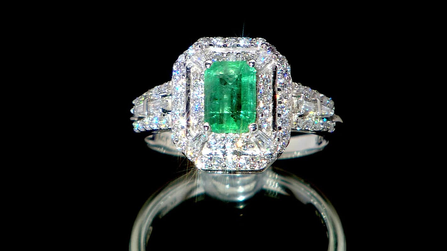 D'Joy Premium Kagem Zambian Emerald and Moissanite 1.70 ctw Imperial Radiance Ring in Rhodium Over Sterling Silver