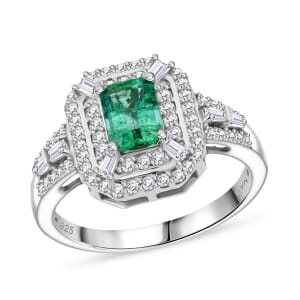 D'Joy Premium Kagem Zambian Emerald and Moissanite 1.70 ctw The Regal Halo Ring in Rhodium Over Sterling Silver (Size 8.0) 
