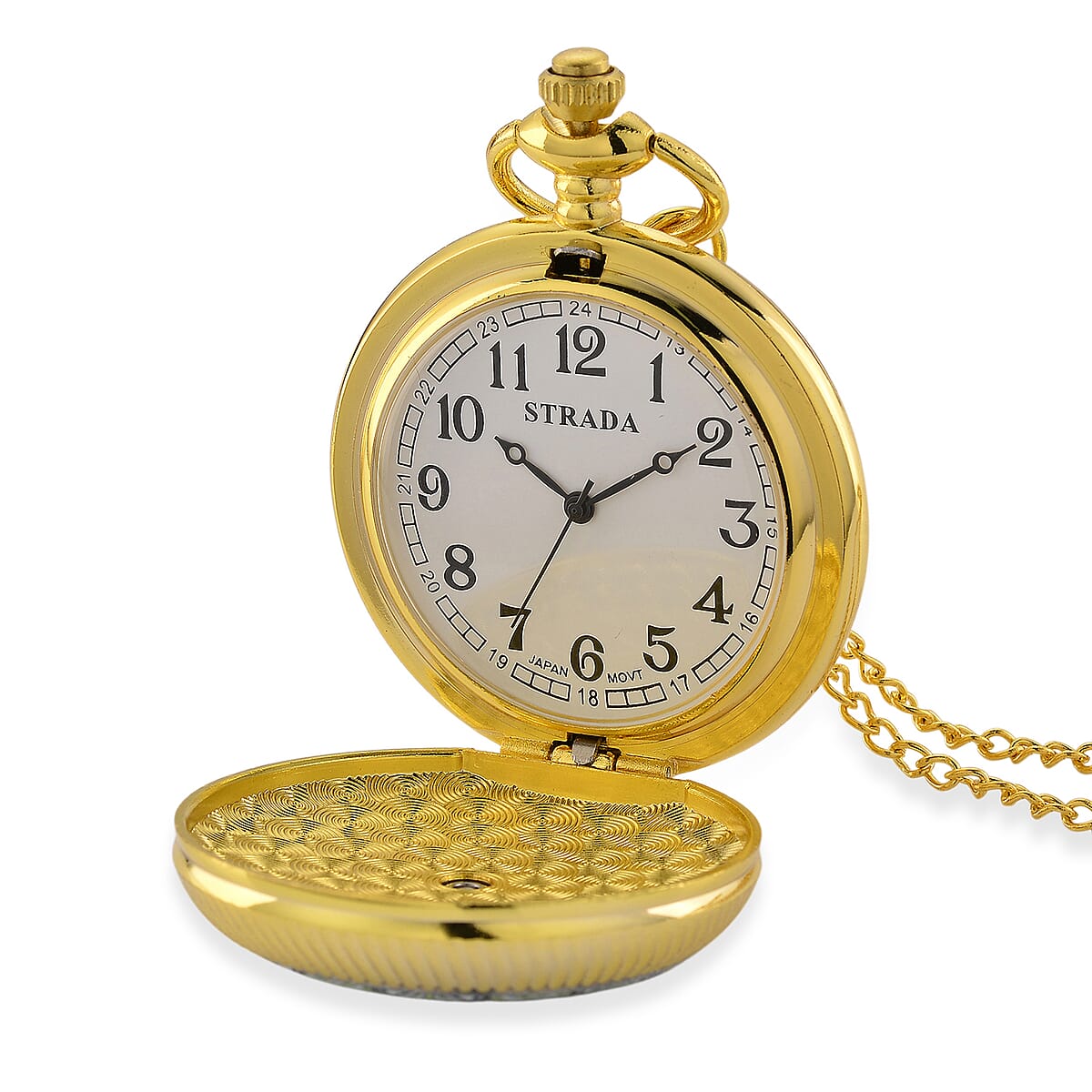 Strada Japanese Movement Green Flower Pattern Rotating Pocket Watch with Chain (36 Inches) in Goldtone image number 0