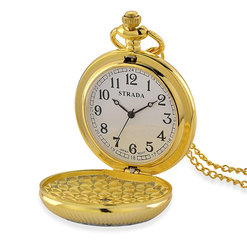 Ankur's Treasure Chest Deal Strada Japanese Movement Green Flower Pattern Rotating Pocket Watch with Chain (36 Inches) in Goldtone