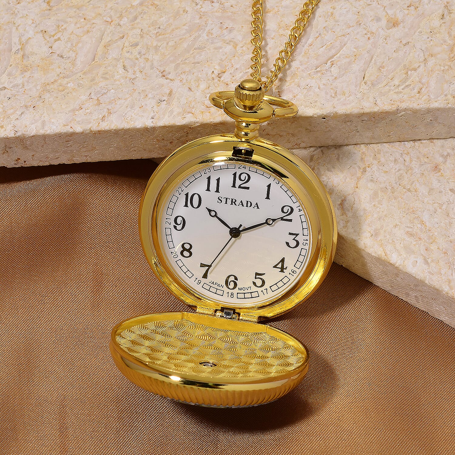 Ankur's Treasure Chest Deal Strada Japanese Movement Green Flower Pattern Rotating Pocket Watch with Chain (36 Inches) in Goldtone