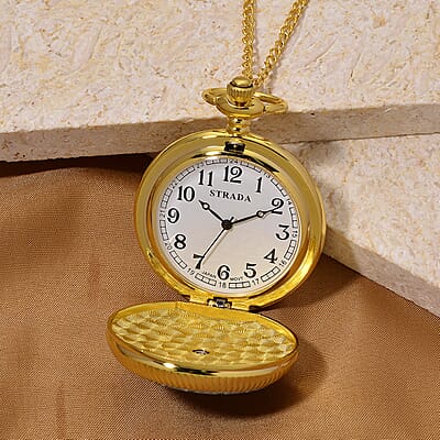 Ankur's Treasure Chest Deal Strada Japanese Movement Green Flower Pattern Rotating Pocket Watch with Chain (36 Inches) in Goldtone