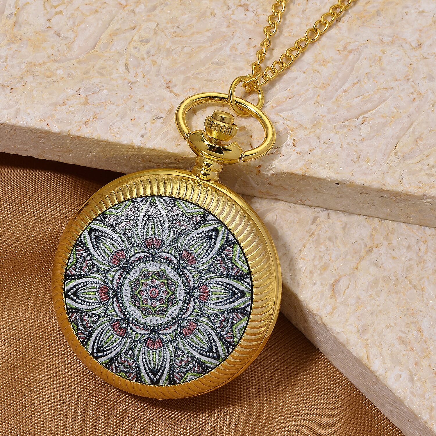 Ankur's Treasure Chest Deal Strada Japanese Movement Green Flower Pattern Rotating Pocket Watch with Chain (36 Inches) in Goldtone