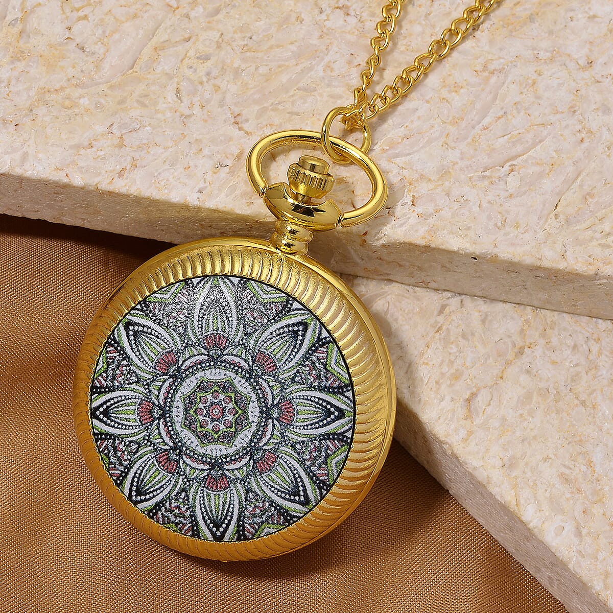 Strada Japanese Movement Green Flower Pattern Rotating Pocket Watch with Chain (36 Inches) in Goldtone image number 2
