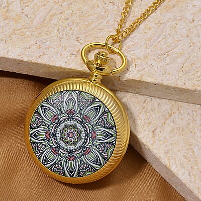 Ankur's Treasure Chest Deal Strada Japanese Movement Green Flower Pattern Rotating Pocket Watch with Chain (36 Inches) in Goldtone