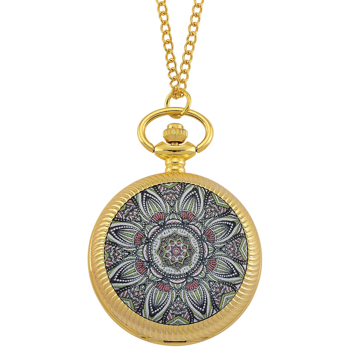 Strada Japanese Movement Green Flower Pattern Rotating Pocket Watch with Chain (36 Inches) in Goldtone image number 3