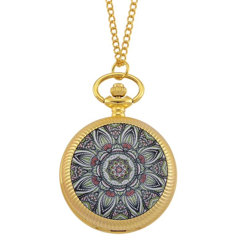 Ankur's Treasure Chest Deal Strada Japanese Movement Green Flower Pattern Rotating Pocket Watch with Chain (36 Inches) in Goldtone