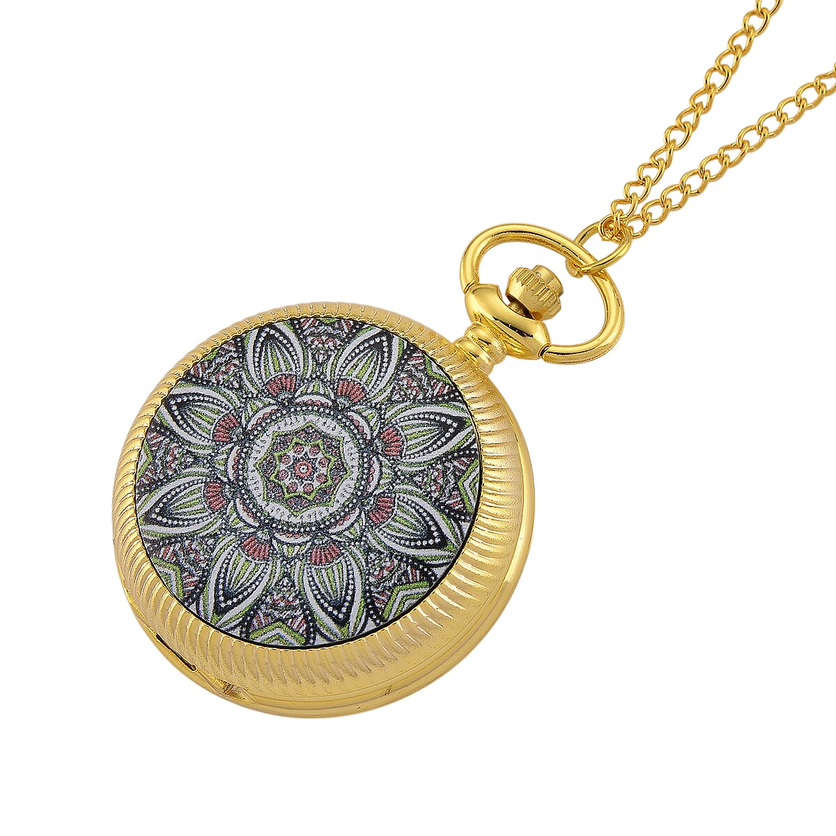 Strada Japanese Movement Green Flower Pattern Rotating Pocket Watch with Chain (36 Inches) in Goldtone image number 4
