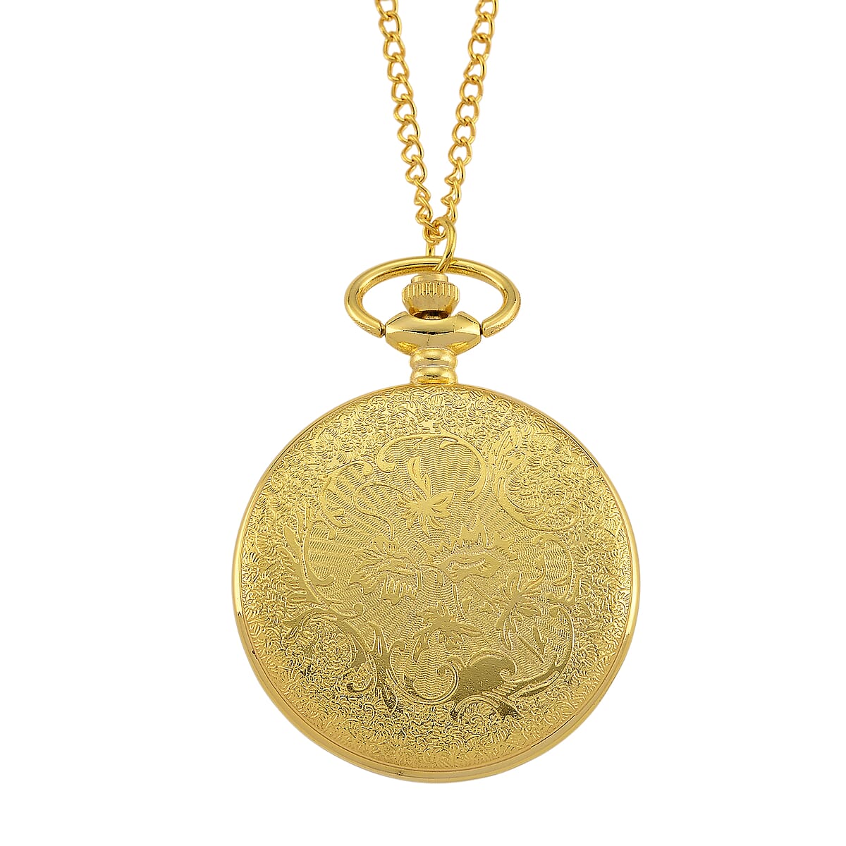 Strada Japanese Movement Green Flower Pattern Rotating Pocket Watch with Chain (36 Inches) in Goldtone image number 5