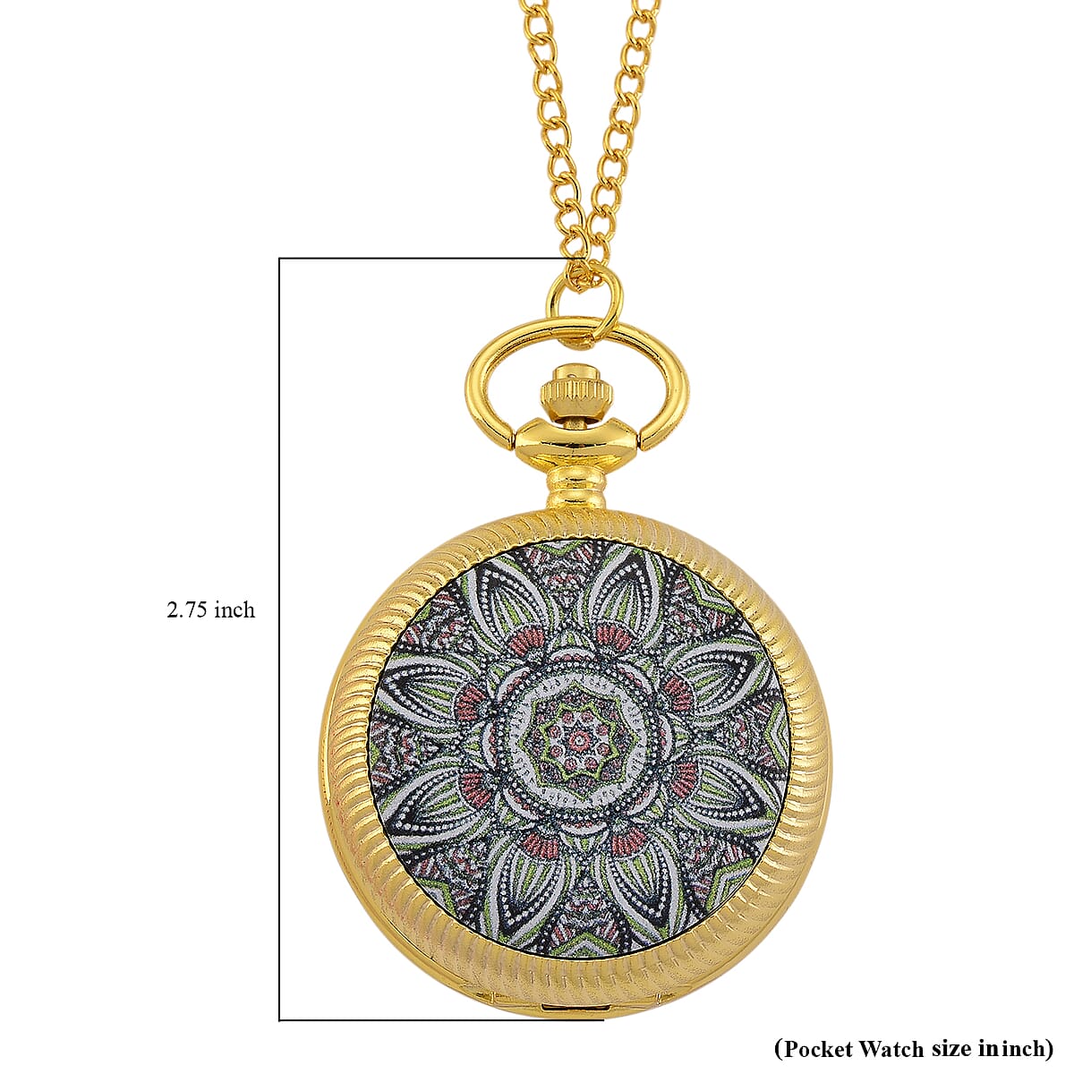 Strada Japanese Movement Green Flower Pattern Rotating Pocket Watch with Chain (36 Inches) in Goldtone image number 8