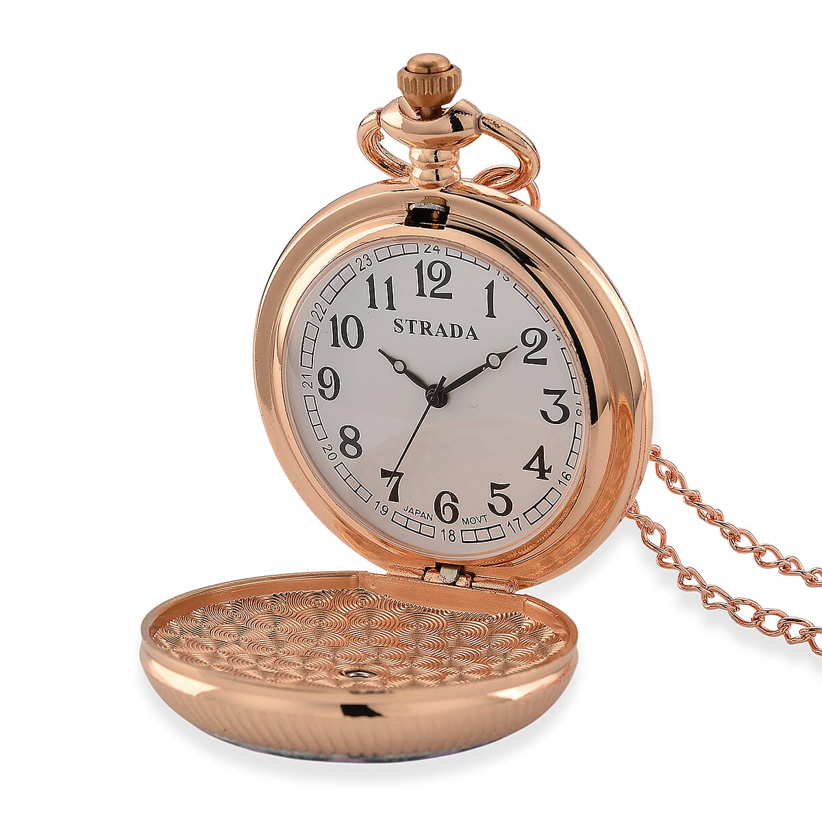 Strada Japanese Movement Pink & Purple Flower Pattern Rotating Pocket Watch with Chain (36 Inches) in Rosetone image number 0
