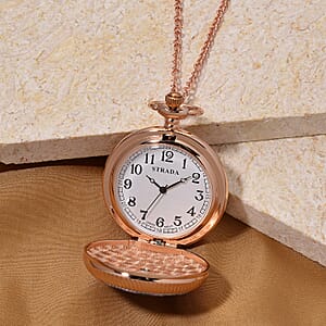 Strada Japanese Movement Pink & Purple Flower Pattern Rotating Pocket Watch with Chain (36 Inches) in Rosetone