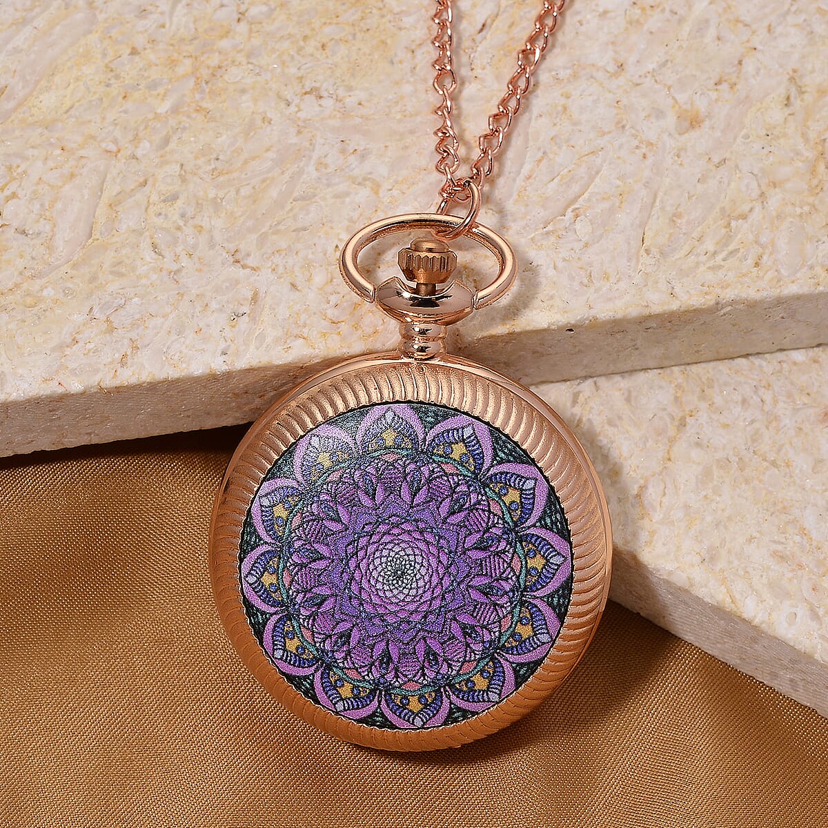 Strada Japanese Movement Pink & Purple Flower Pattern Rotating Pocket Watch with Chain (36 Inches) in Rosetone image number 2