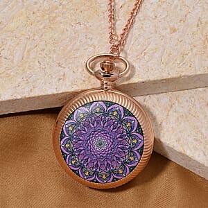 Strada Japanese Movement Pink & Purple Flower Pattern Rotating Pocket Watch with Chain (36 Inches) in Rosetone