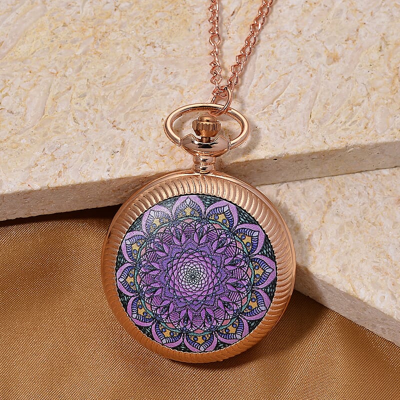 Strada Japanese Movement Pink & Purple Flower Pattern Rotating Pocket Watch with Chain (36 Inches) in Rosetone