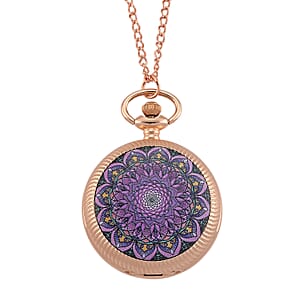 Strada Japanese Movement Pink & Purple Flower Pattern Rotating Pocket Watch with Chain (36 Inches) in Rosetone