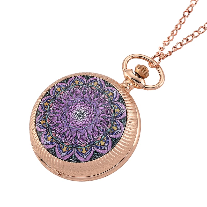 Strada Japanese Movement Pink & Purple Flower Pattern Rotating Pocket Watch with Chain (36 Inches) in Rosetone