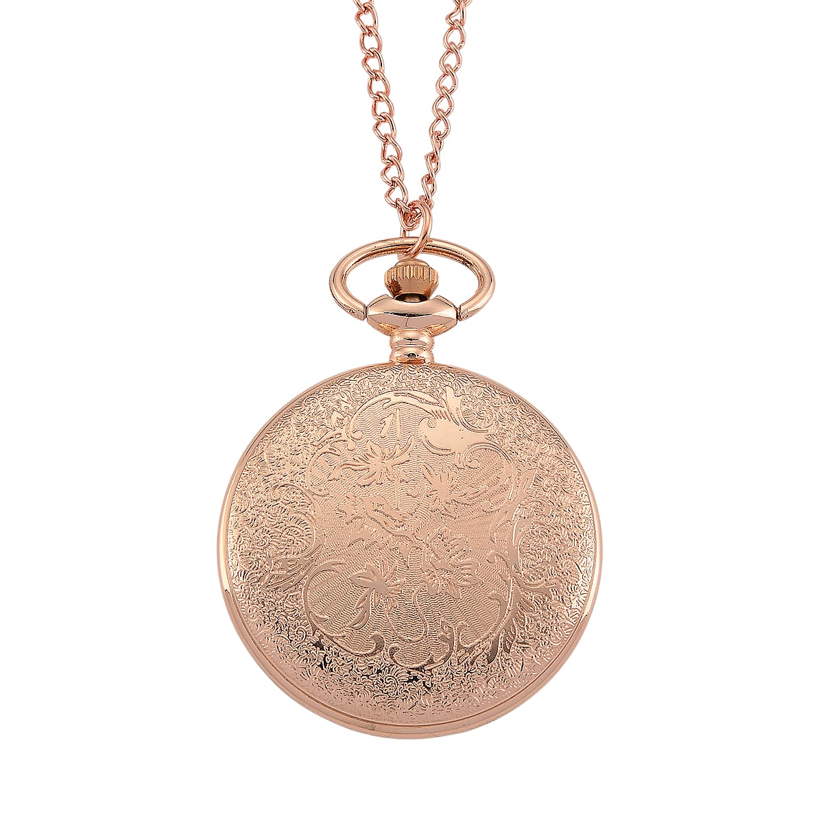 Strada Japanese Movement Pink & Purple Flower Pattern Rotating Pocket Watch with Chain (36 Inches) in Rosetone image number 5