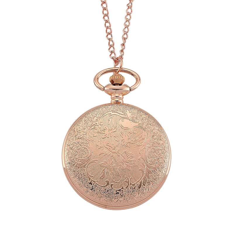 Strada Japanese Movement Pink & Purple Flower Pattern Rotating Pocket Watch with Chain (36 Inches) in Rosetone