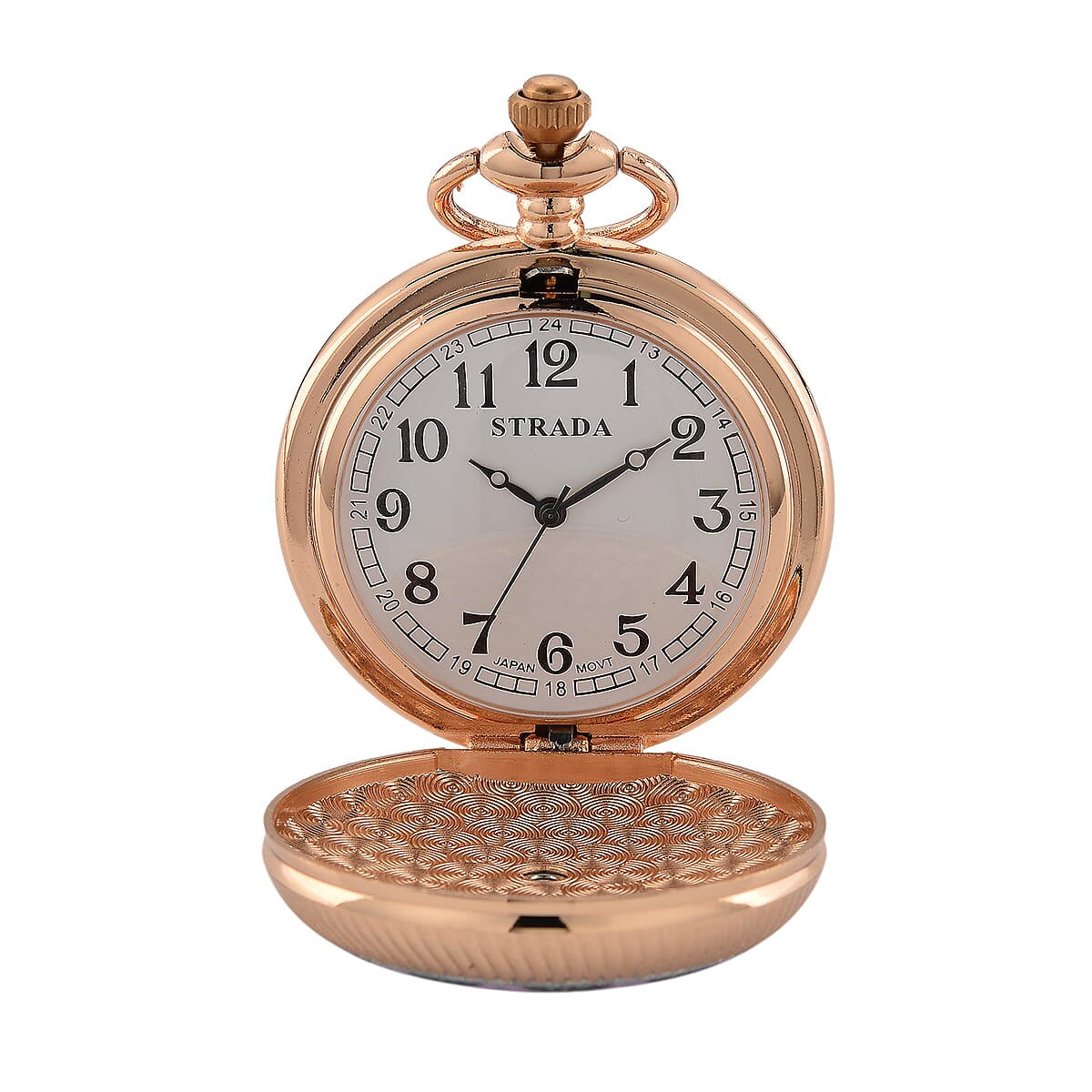 Strada Japanese Movement Pink & Purple Flower Pattern Rotating Pocket Watch with Chain (36 Inches) in Rosetone image number 6