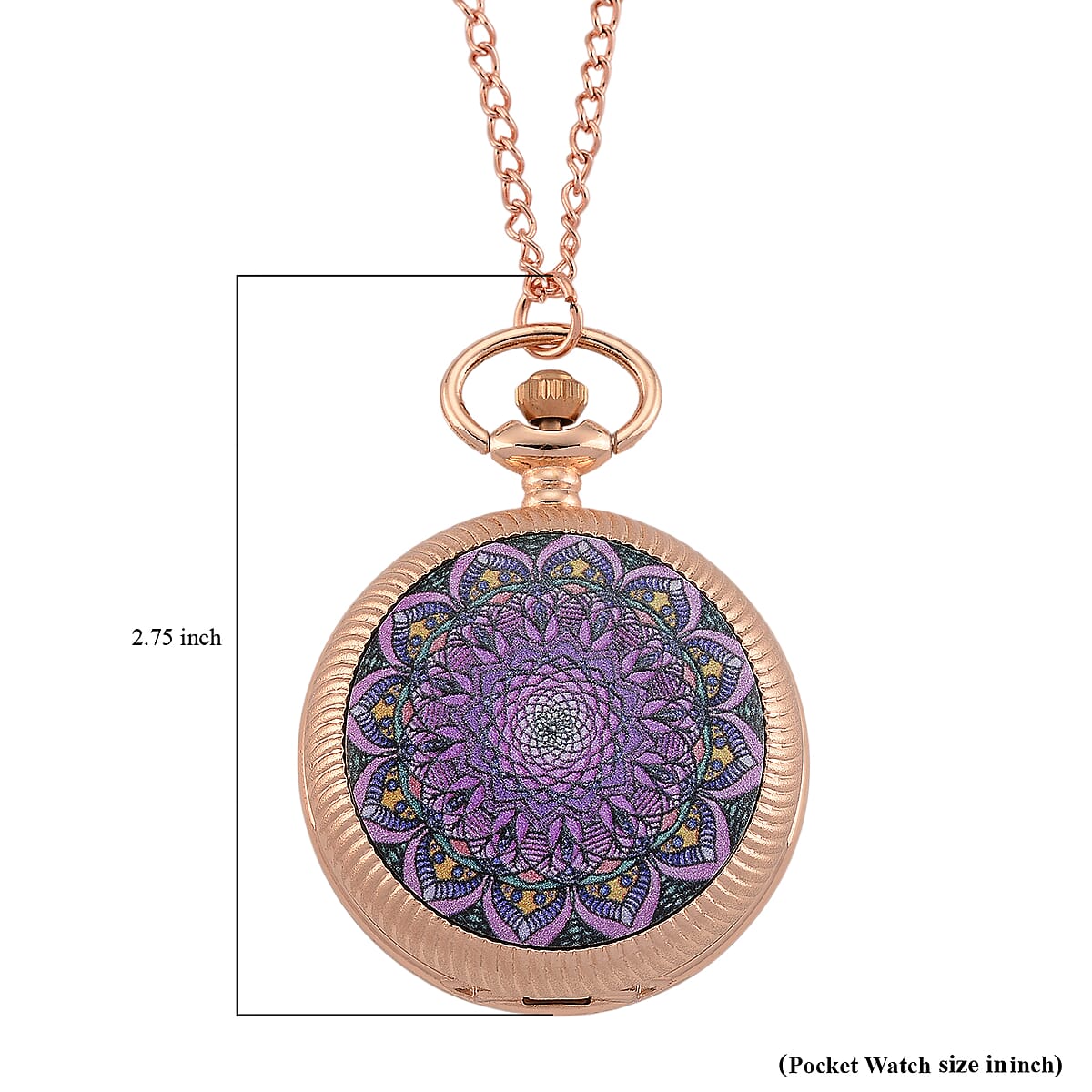 Strada Japanese Movement Pink & Purple Flower Pattern Rotating Pocket Watch with Chain (36 Inches) in Rosetone image number 8